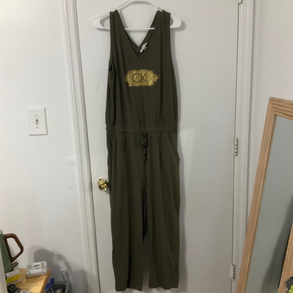 Calvin Klein Women Olive Green Gold Glitter CK Logo V-Neck Jumpsuit Large